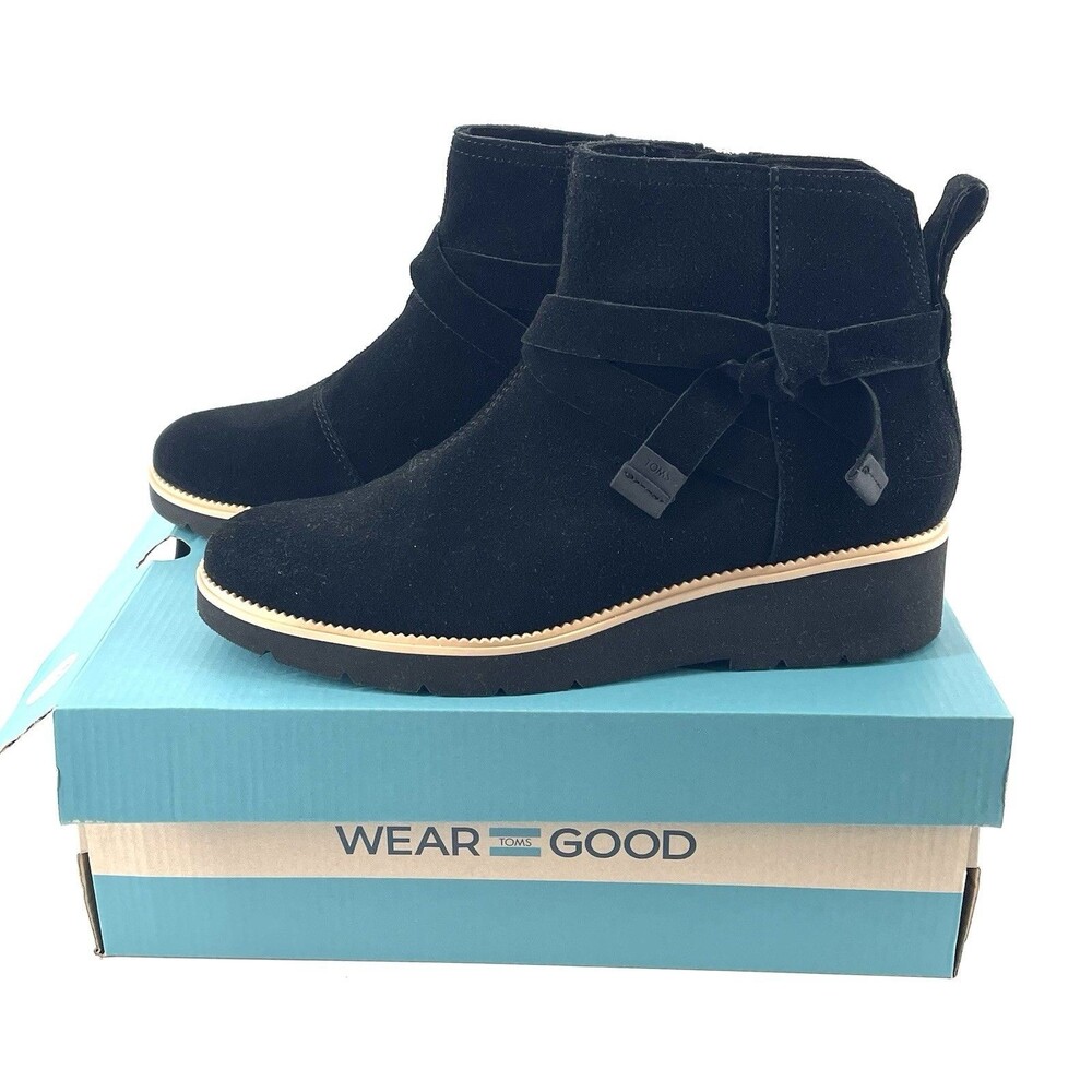 TOMS Marlow Women’s Wedge  Black Suede Ankle Boots Size 8 Water Repellent NIB
